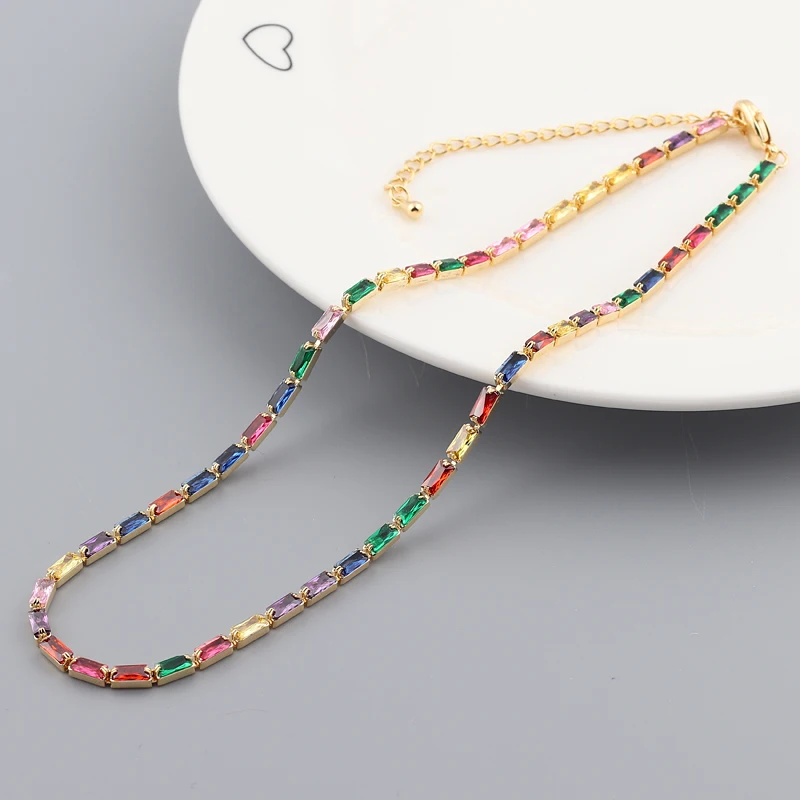 Hot Selling Tennis Chain Rainbow Necklaces Gold Color Fashion Colorful CZ Chocker Necklace For Women Femme Jewelry New