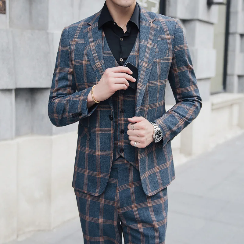 New Plaid Trendy Men Suits 3 Pieces Single Breasted England Style High Quality Slim Fit Formal Business Wedding Causal Prom