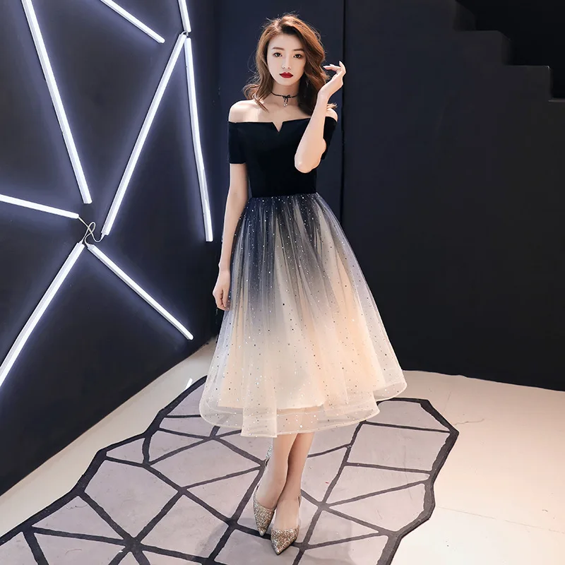 Banquet Evening Dress 2022 New Fashion Off the Shoulder Short Sleeve Gradient Prom Party Dress Sequins Tea Length