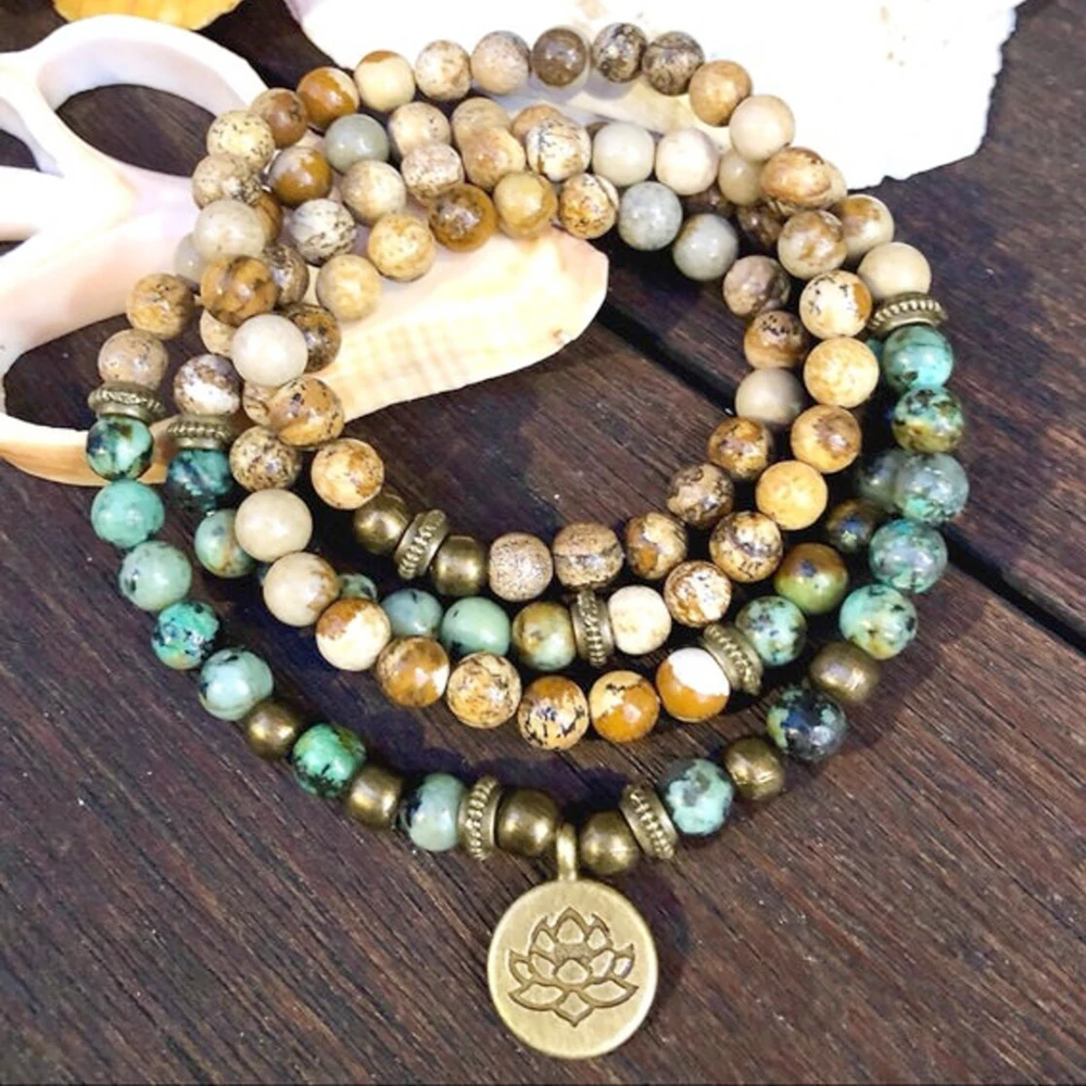 MG1346 6 mm African Turquoise 108 Mala Bracelet Lotus Charm Picture Jasper Yoga Mala Wrap Bracelet Best Birthday Gifts For Her