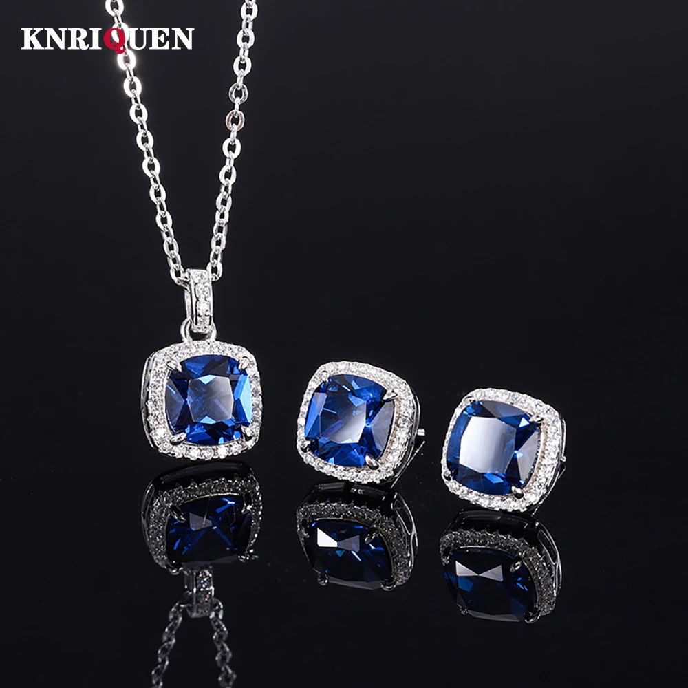 

Vintage 100% 925 Sterling Silver 8*8MM Sapphire Gemstone Pendant Necklace Earrings Wedding Party Fine Jewelry Set Gift for Women