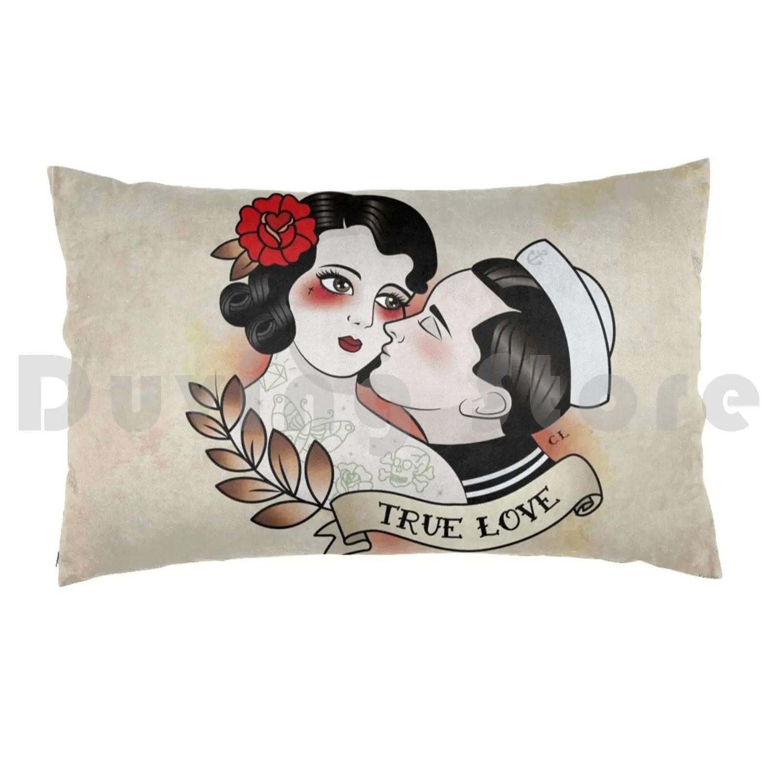 True Love Pillow Case Printed 50x75 Tattoo Couple True Love Traditional Vintage Pin Up Kiss