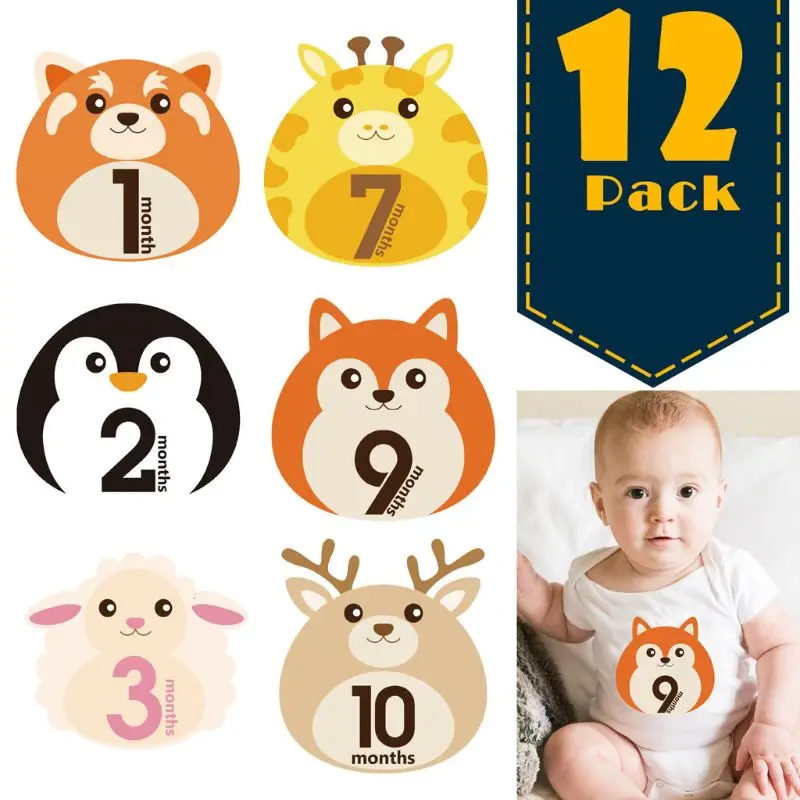 12 Pcs Animal First Year Monthly Milestone Photo Sharing Baby Belly Stickers 1-12 Months #905