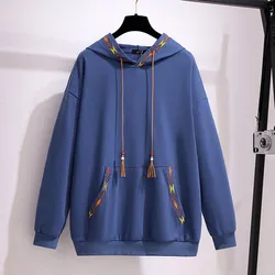 150Kg Plus Size Women's Spring Autumn Loose Hooded Embroidery Sweatshirt Bust 157cm 6XL 7XL 8XL 9XL 10XL Long-Sleeved Casual Top