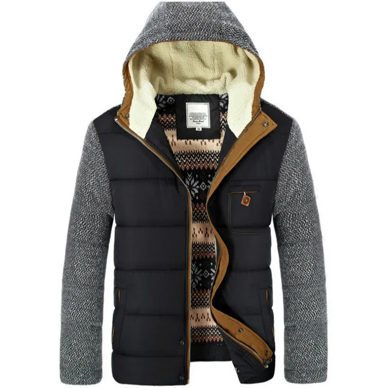 Jaqueta acolchoada grossa masculina, manga comprida, Parkas com capuz, patchwork, zíper completo, slash pocket, casaco causal, roupa azul, inverno