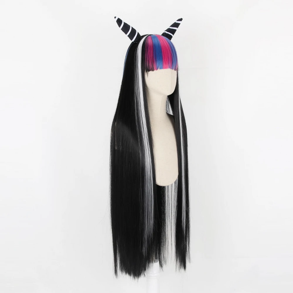 Danganronpa-Peluca de cabello sintético para Cosplay, cabellera artificial largo y liso de 100cm con gatillo feliz Havoc, Mioda, Ibuki, para Halloween, Color negro mezclado