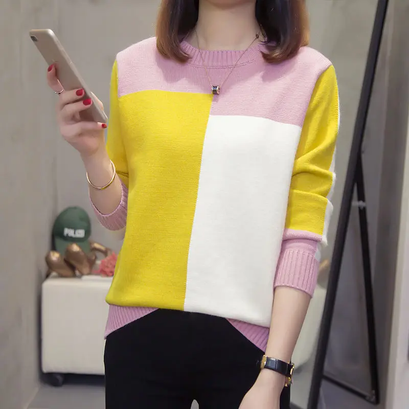 

Large Size Women Sweater 2020 spring Autumn New splice Color Block Pullover Female Bottoming Shirt Casual Knitwear Blusa Tops