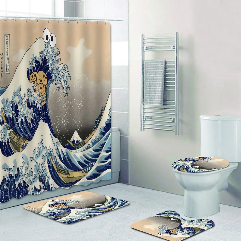 The Great Wave off Kanto Kanagawa Japanese Anime Bathroom Curtains Shower Curtain Set for Toilet Bath Mat Rugs Carpet Home Decor