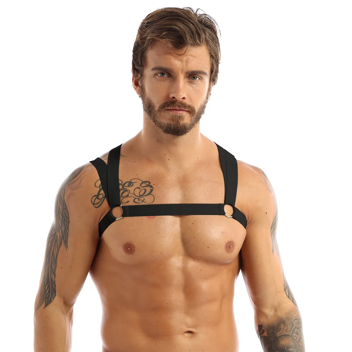 Elastic band harness Mens Double Shoulder Straps Elastic Chest Muscle Harness Belt with Metal O-rings Fancy Club Party Costume