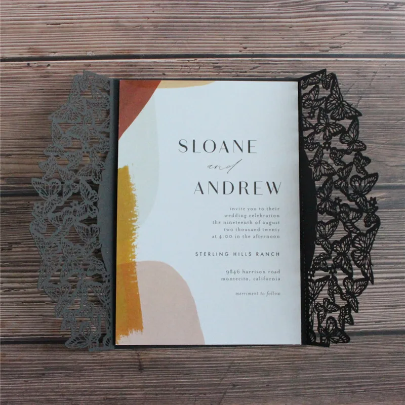 Black and ivory laser cut wedding invitation fall wedding with envelop customized insert design