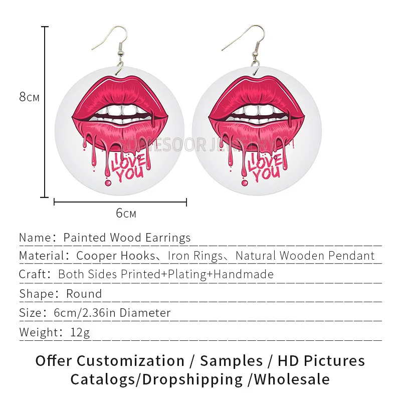 SOMESOOR Cute Lips Roll Me A Blunt Pretty Wooden Drop Earrings Both Sides Printed Dope Ear Loops Dangle Jewelry For Women Gifts