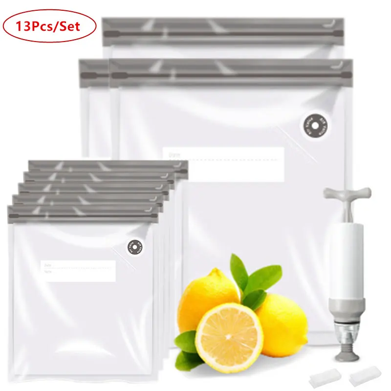 

13Pcs/Set Vacuum Sealer Bags Reusable Food Storage Bag Household Vacuum Food Sealer Ziplock Bag With Hand Pump Sealing Clips