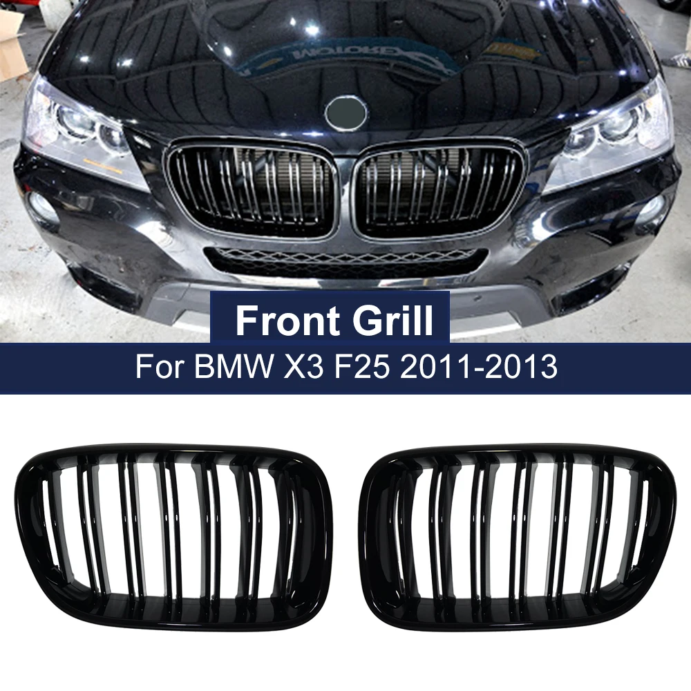 1 Pair Front Kidney Grilles Racing Grills for BMW X3 F25 2010 2011 2012 2013 Dual 2 Slats Double Line Bumper Grille Replacement