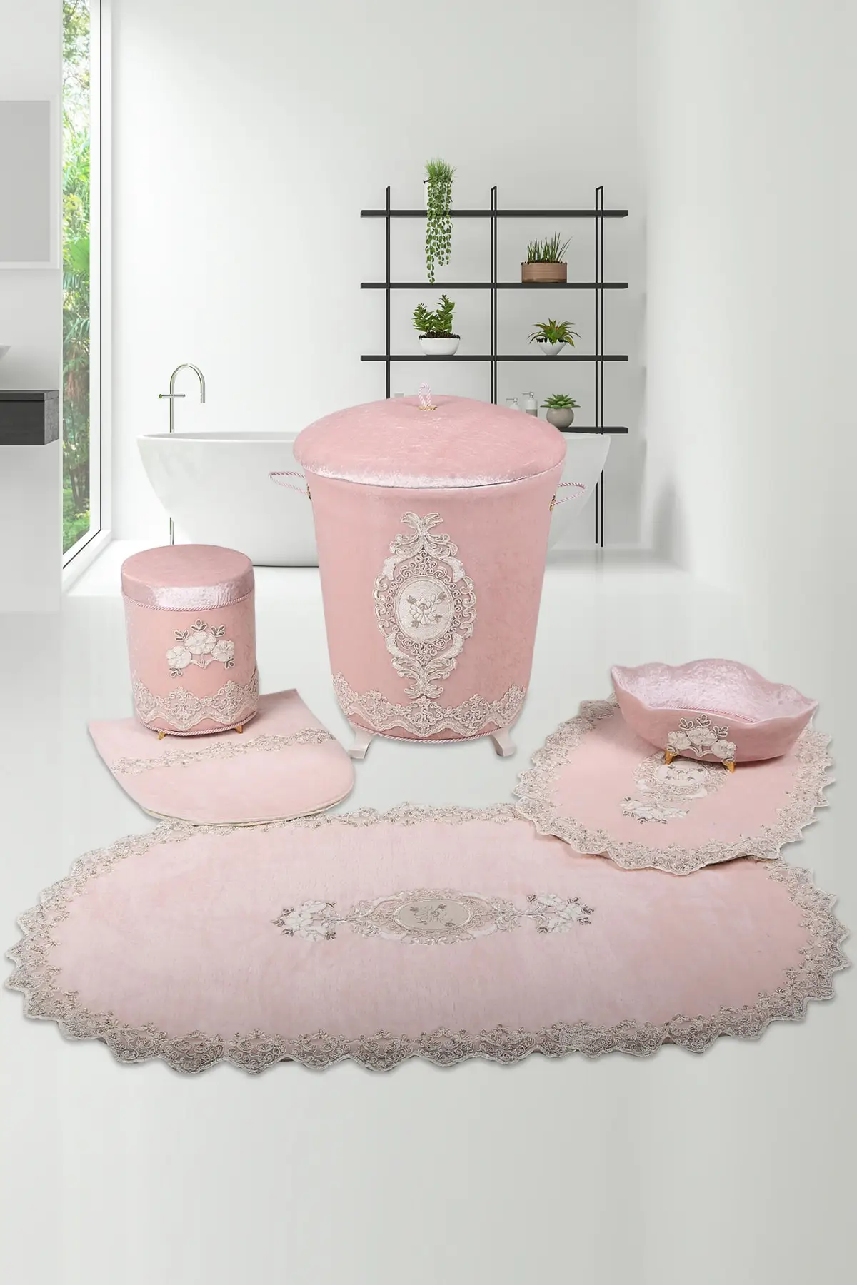 Powder 6 Piece Lacy Bathroom Dirty Laundry Basket Set Bath Mat Set