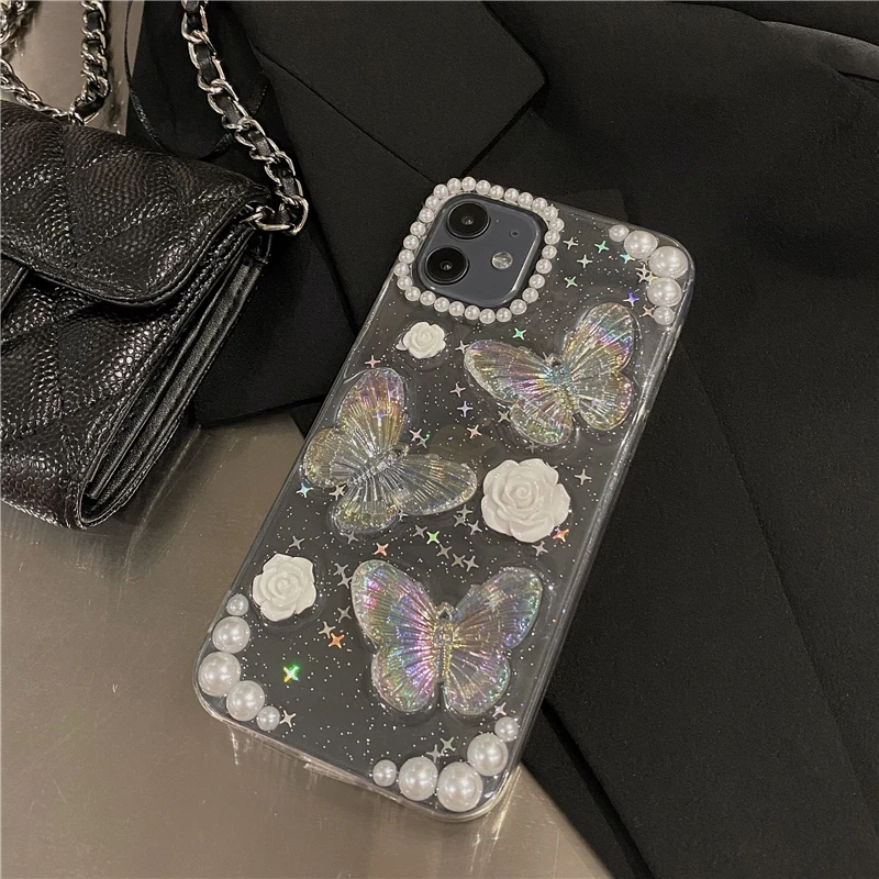 Qianliyao Cute 3D Bow Pearl Rose Phone Case For iPhone 15 14 13 12 11 Pro XS Max XR X 8 7 Plus Se Sequins Soft Shockproof Cover