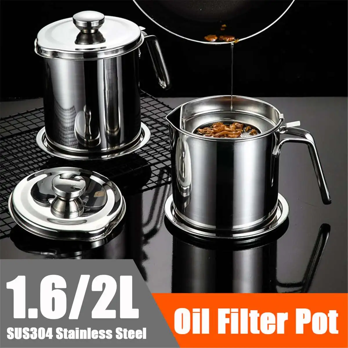 

2.0/1.6L Stainless Steel Oil Strainer Pot Container Jug Storage Can With Filter Cooking Oil Pot For Kitchen Household Tools