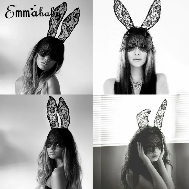 여성용 섹시한 블랙 레이스 가장 무도회 마스크, 할로윈 의상, 파티 토끼 귀 레이스 아이 마스크, 블랙