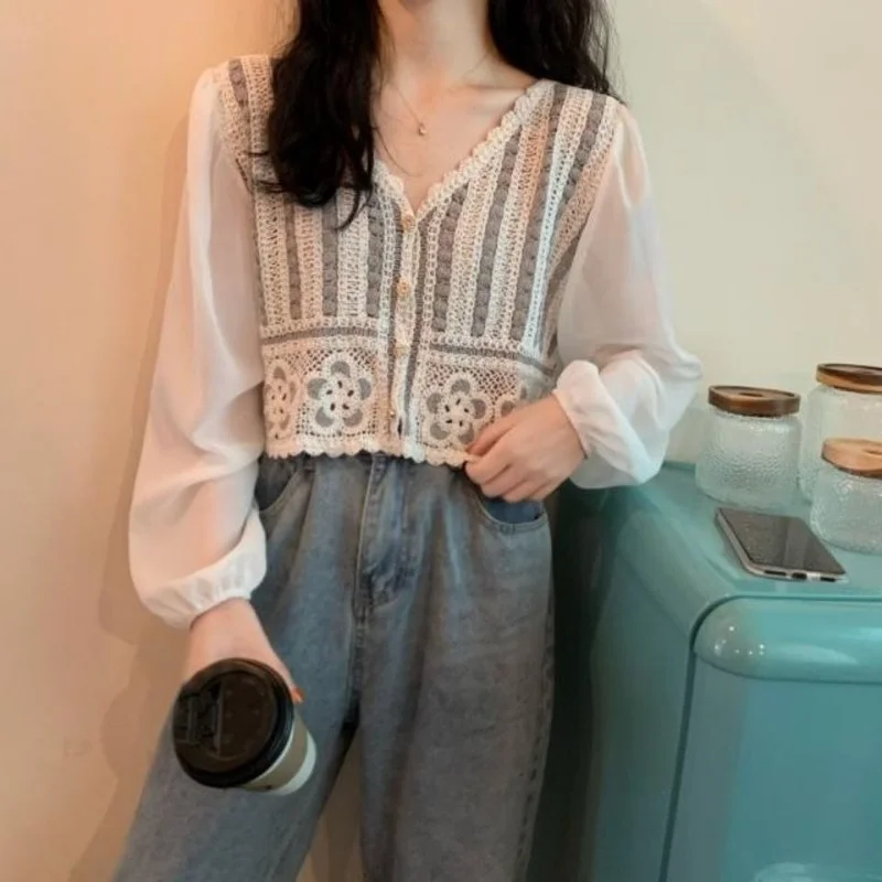 Women Shirts Chiffon Patchwork Embroidery V-neck Ladies Puff Sleeve Crop Top French Style Ruffled Female Hollow Out Shirt Trendy