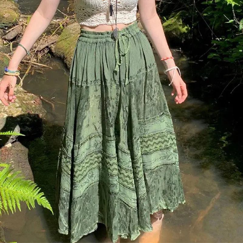 Women Vintage Summer Green Skirts High Waist Tie-Up Long Skirt Beach Style A Line Holiday Grunge Fairycore Skirt Streetwear