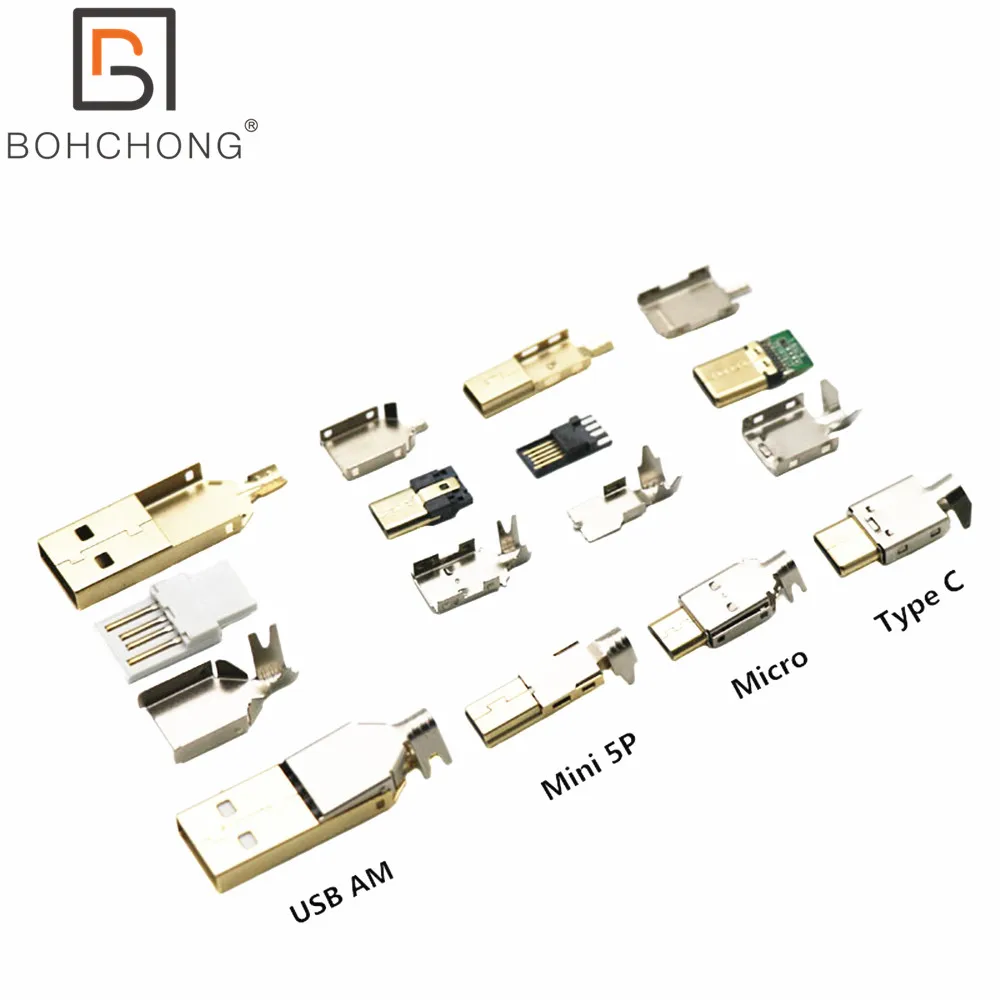 DIY Gold Plated Socket Plug Port 2.0 USB AM USB C Type C Mirco Mini 5P for Keyboard USB Cable Charge Cable