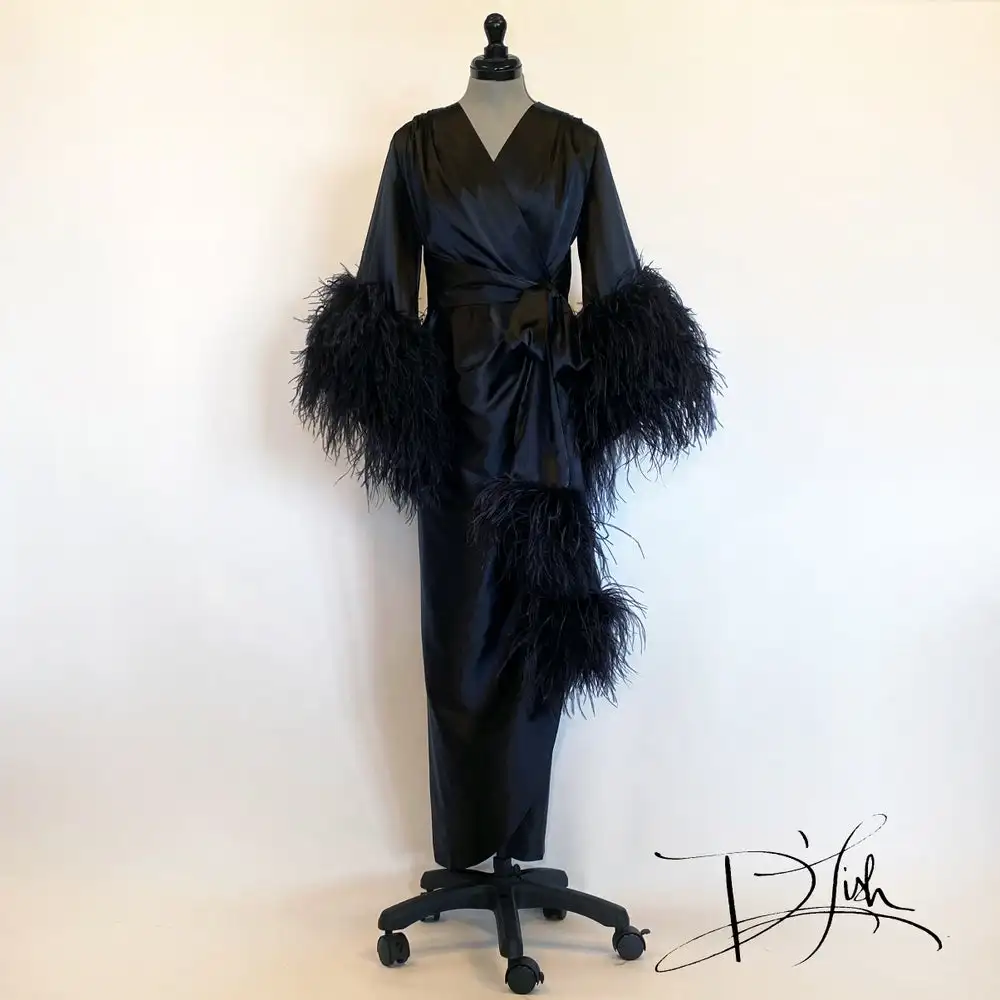 

Black Bathrobes Nightwear Luxury Fur Belt Illusion Wedding Party Sleepwear Custom Made Nightgowns Robes Pregant Photograph