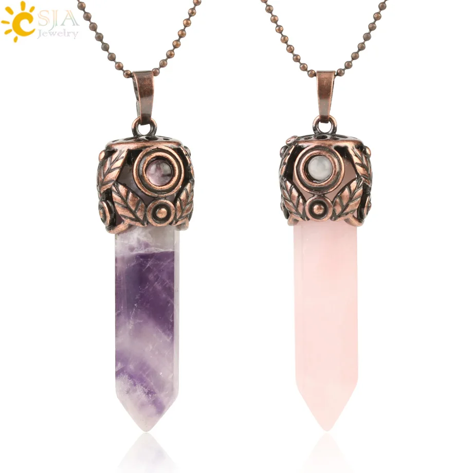 CSJA Natural Crystal Stone Pendants Red Antique Copper Hexagonal Column Energy Pendant Female Men Necklaces Vintage Jewelry G178