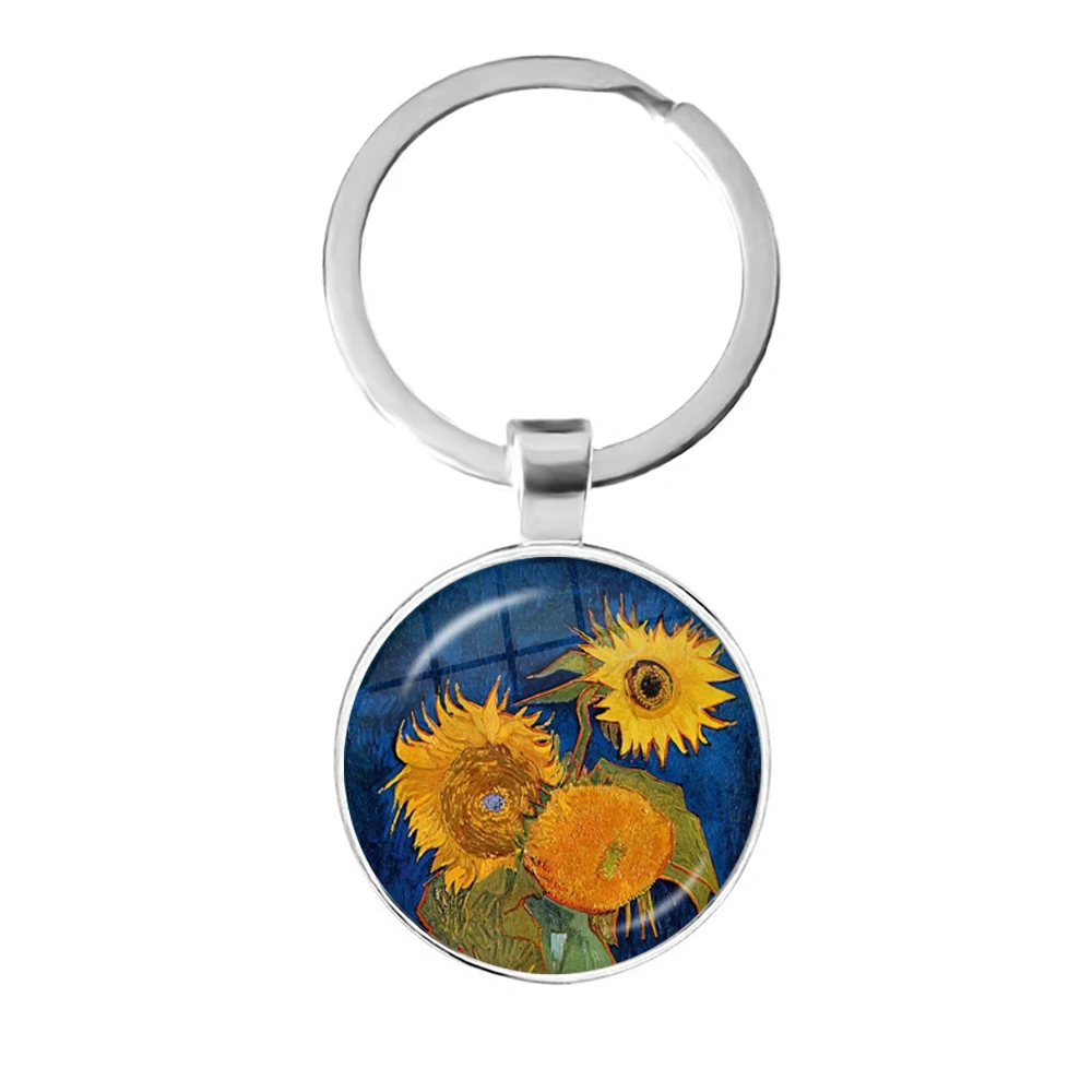 Retro Van Gogh Art Starry Night Sunflower Keychain Men Women 25mm Glass Cabochon Dome Key rings Holdder Jewelry For Gift