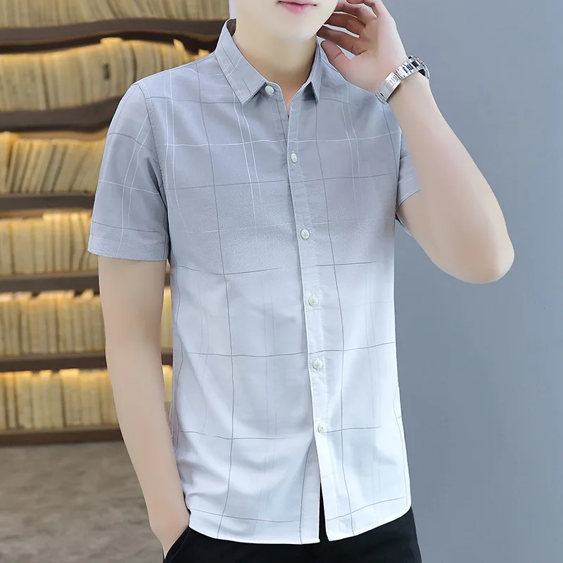 

Summer New Men's Shirt Handsome High Quality Brand Male Cotton Short Sleeves Gradual Change Lattice Design Square Collar Clothes