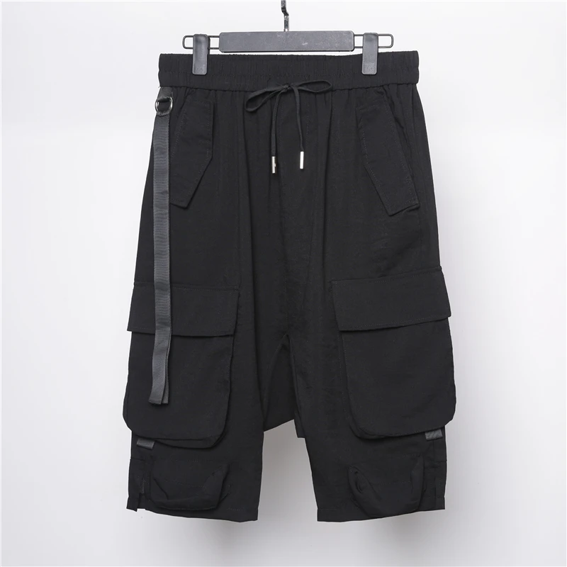 Dark personalized design webbing overalls straight tube thin quarter pants men's casual shorts men's fashion Korean pants