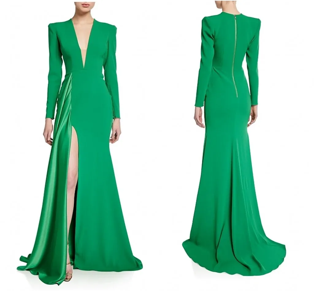 Vestido Formal De noche árabe De Dubái, vestido De fiesta De graduación De manga larga con cuello De pico, elegante, verde, sirena, 2023