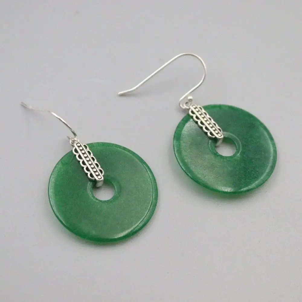 

Pure S925 Sterling Silver Earrings Green Jadeite Jade Circle Dangle Earrings Women Lucky Gift