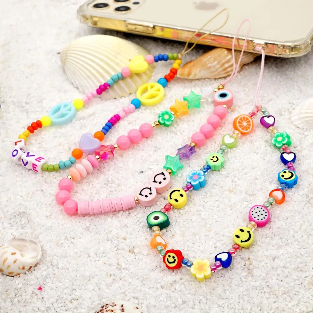 Bohemian Cell Phone Chain Bohemian Rainbow Beads Wrist Strap For Mobile Phone Holder String Colorful LanyardSmileyChains Jewelry