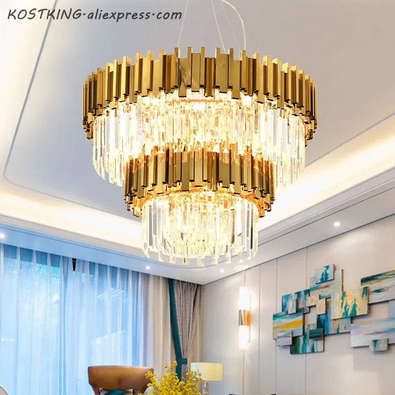 

Living Room Luxury Gold Steel K9 Crystal Led Pendant Chandelier Luminaria Hanging Lamp Indoor Lighting Lamparas Fixture