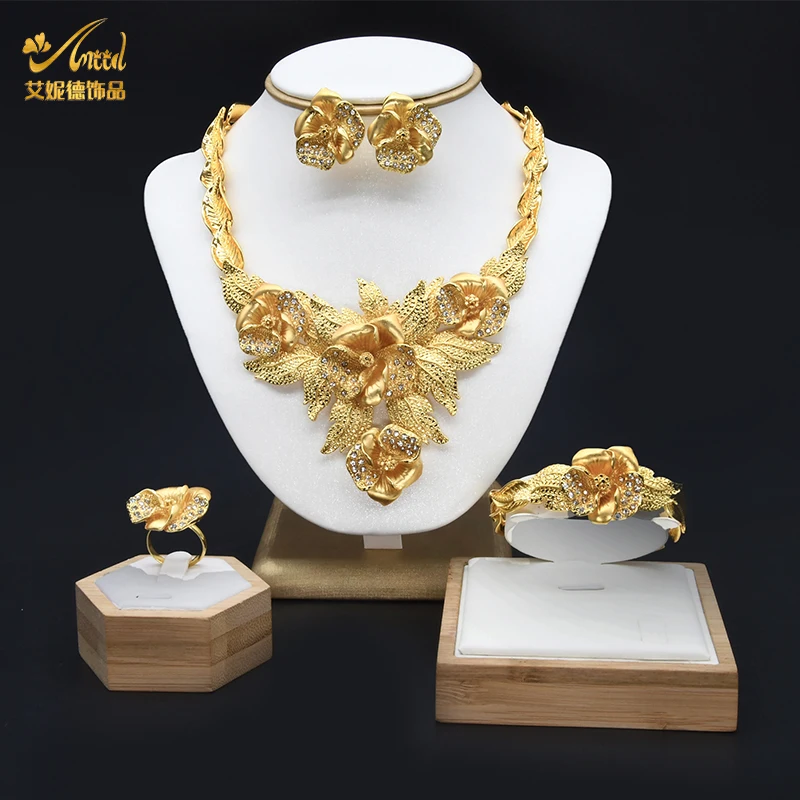 ANIID African Jewelery Sets Flower Earrings Choker Necklace Bracelet Hawaiian Indian Dubai Golden Jewelry For Women Accessories