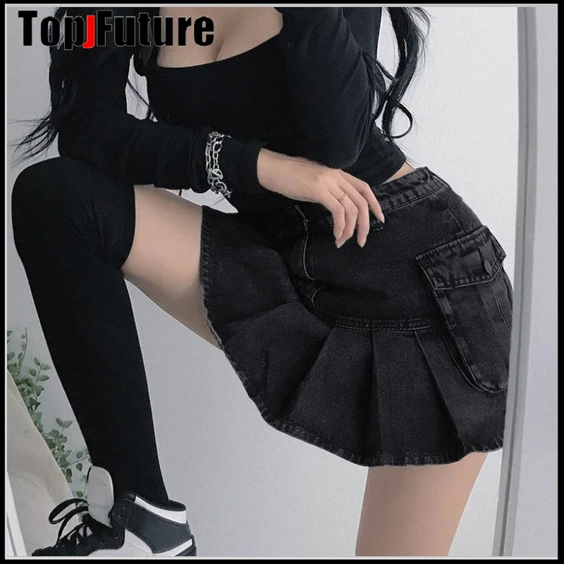 GOTHIC LOLITA POCKET PUNK Girl Women's Harajuku high waist puffy A-line skirt punk student DEMIN FOLDS PLEATED SKIRT