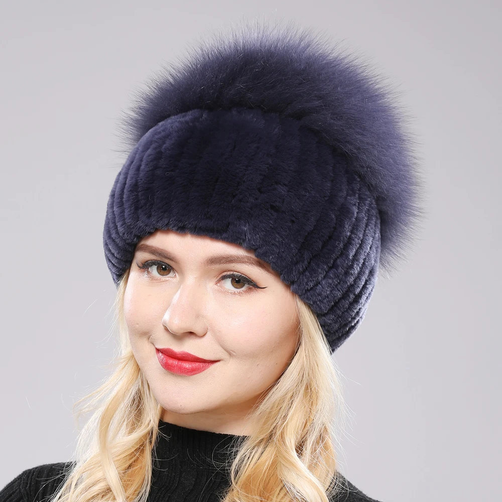 New Women Winter Luxury Real Rex Rabbit Fur Hat Knitted Rex Rabbit Fur Hat Top Natural Fox Fur Cap Genuine Fox Fur Beanies Hat