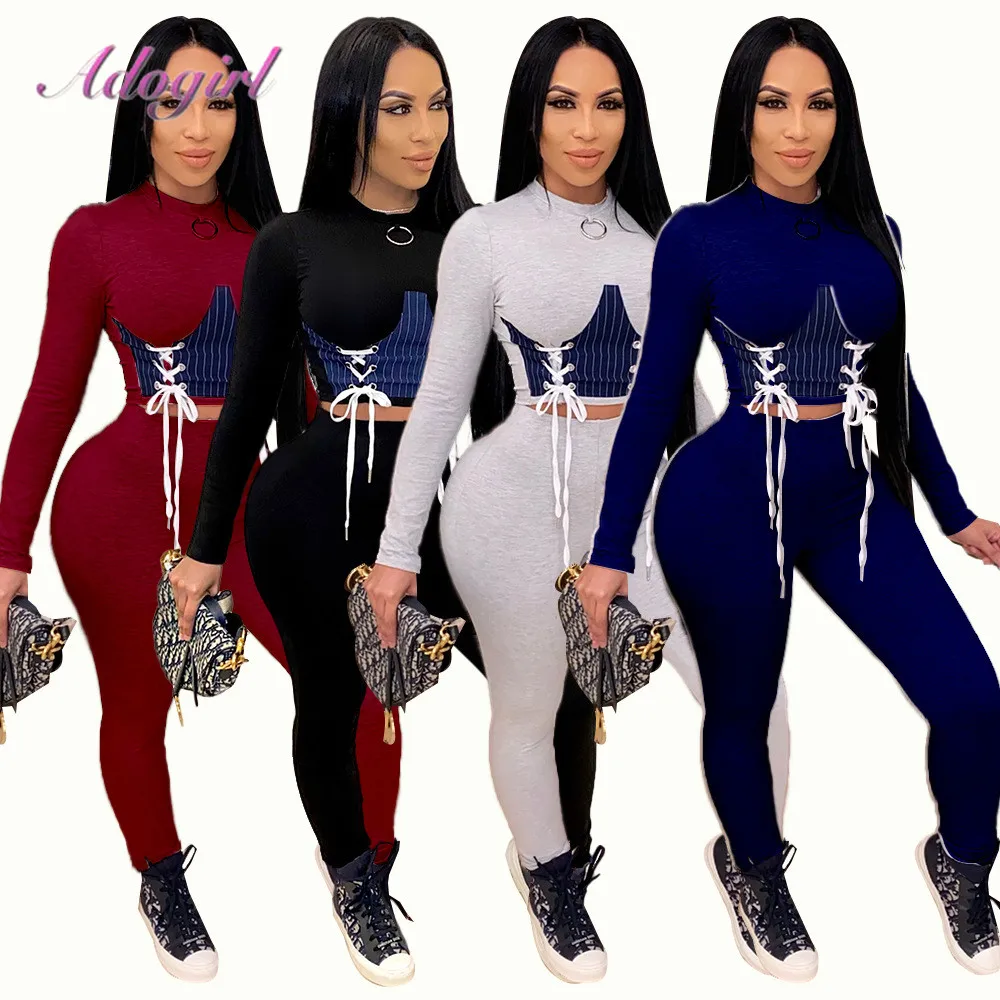 Women Matching Set Fitness Casual Color Patchwork Long Sleeve Bandage Crop Tops Sweatshirt Pencil Pants Outfit Sporty Tracksuit