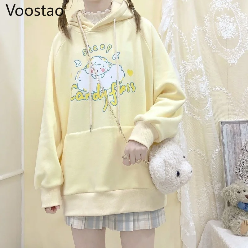 Spring Autumn Japanese Cute Cartoon Sheep Print Hoodies Women Harajuku Loose Hooded Sweatshirt Girly Kawaii Y2K Clothes Tops