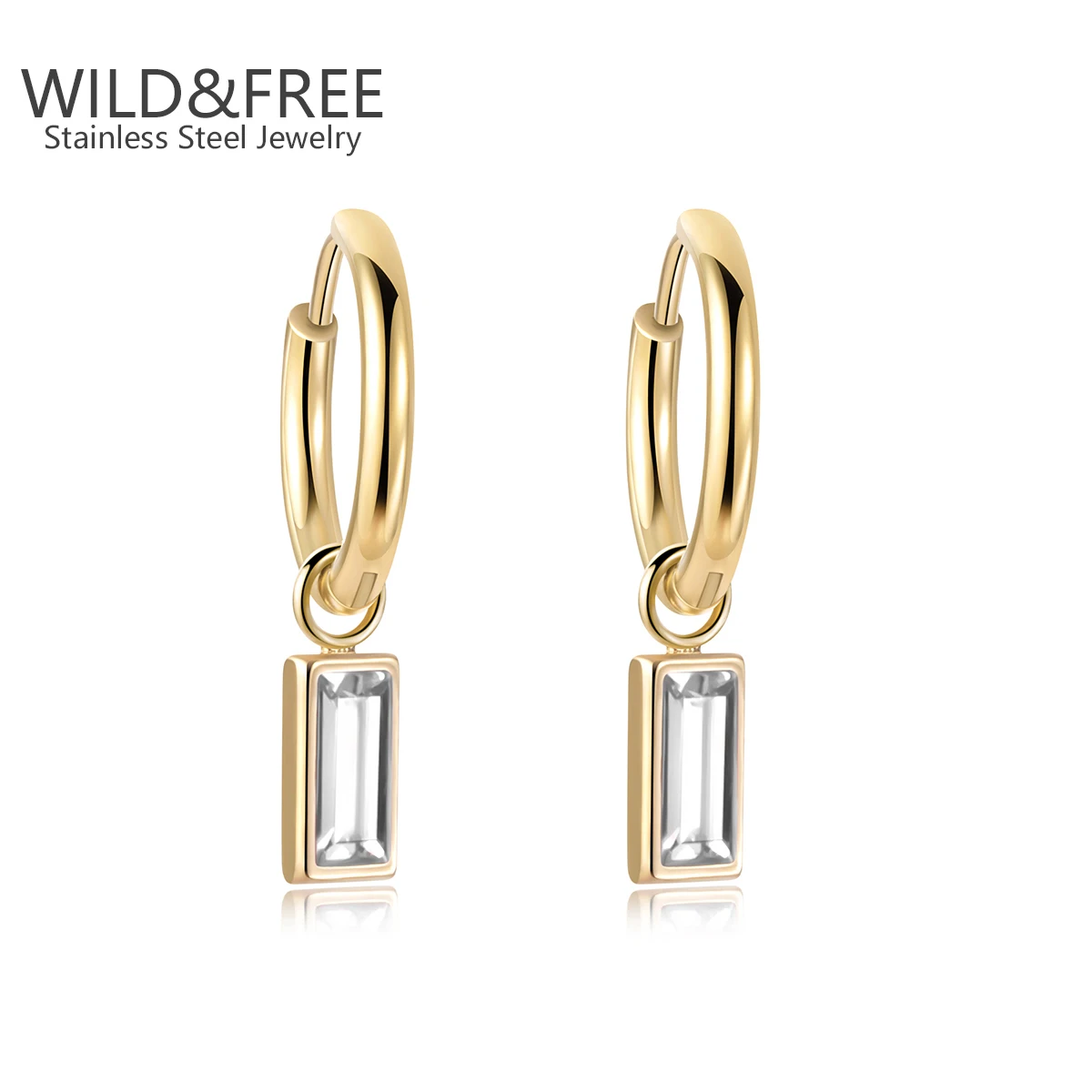 Gold Plated AAA Square Cubic Zirconia Drop Hoop Earrings for Women Mother Jewelry Gift Water Proof Stainless Steel  Earrings