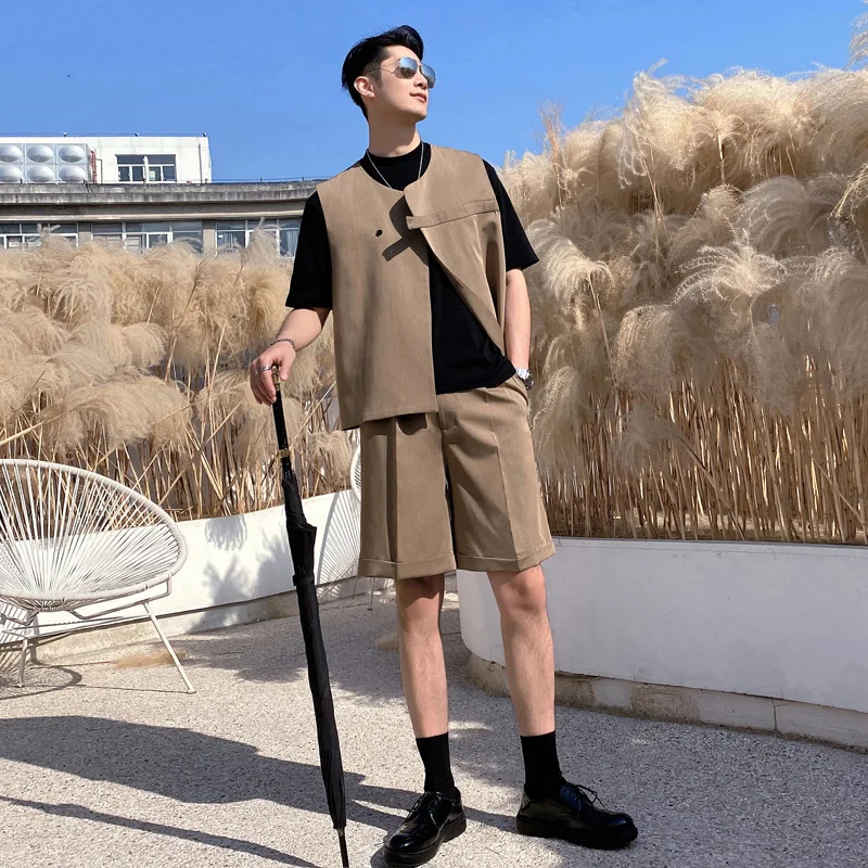 

Men's Summer 2 Pieces Pullover Vest Suit Cardigan Vest Solid Color V-neck Short-Sleeved Casual Suit for men Party Prom Tailored