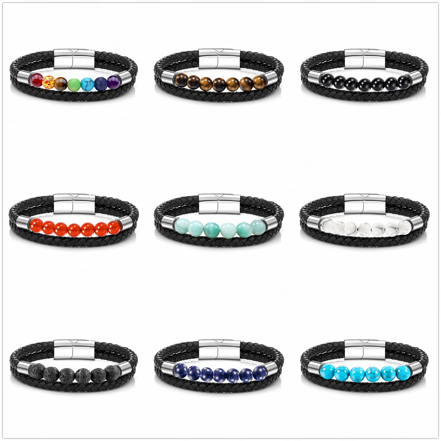 New Stainless Steel Men's Bracelet 7 Color Yoga Healing Stone Bead Bracelet Leather Couple Charm Bracelet Jewelry Gift