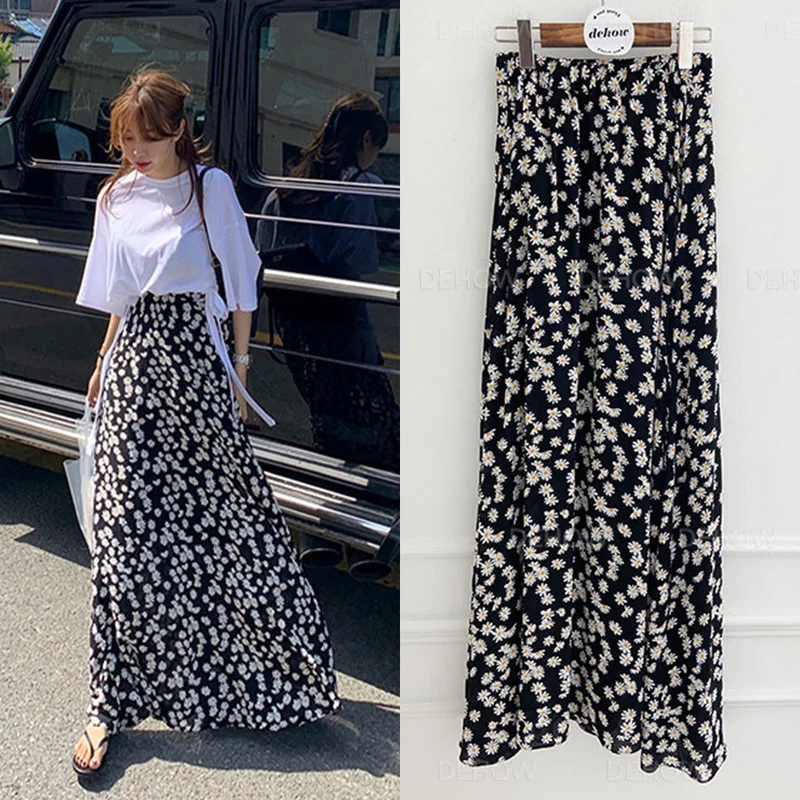 Korean Chic Summer Vintage High Waist Wild Little Daisy Chiffon Skirts Women Floral Print A Line Elegant Mujer Faldas Fashion