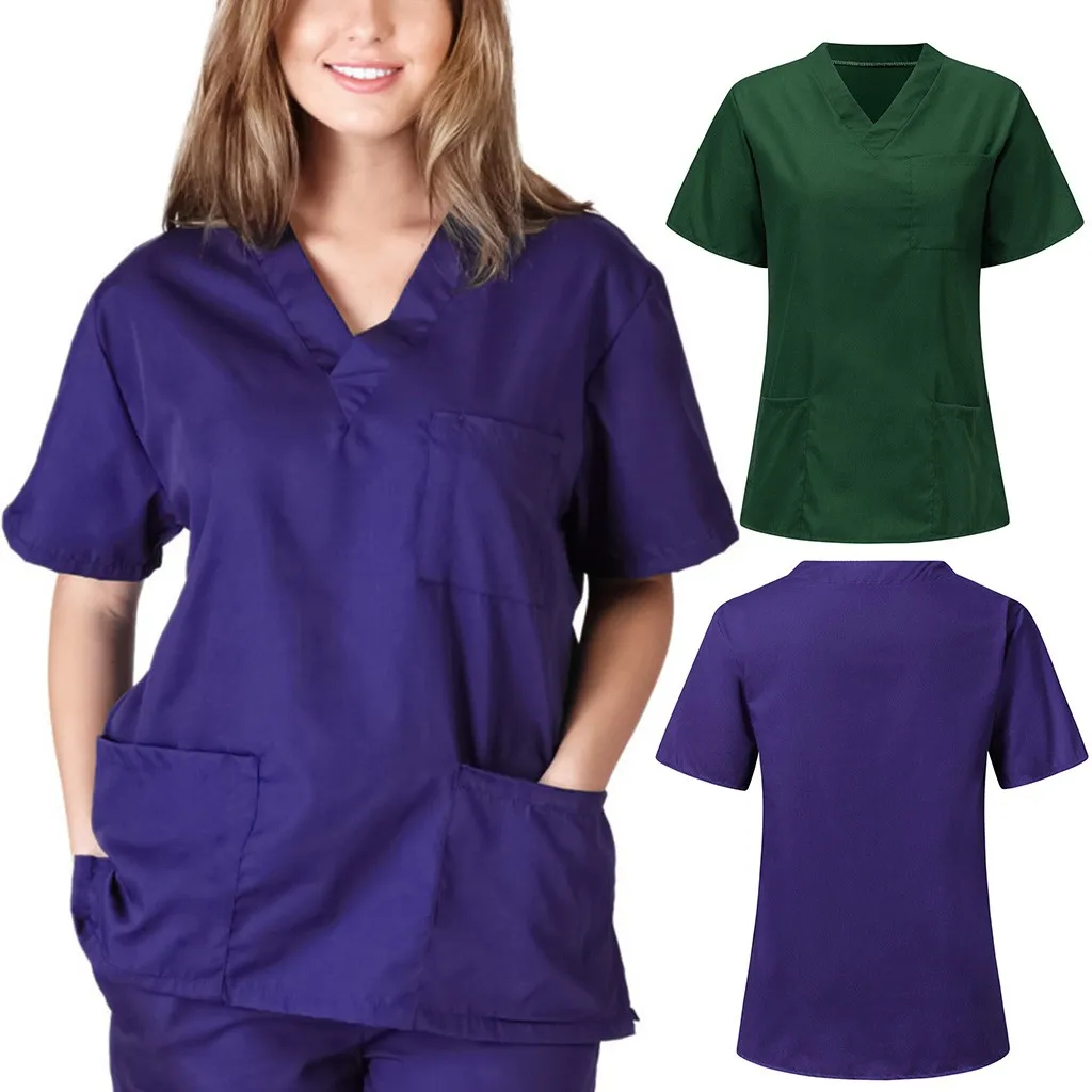 Women Man Fashion Scrubs Tops V-Neck Short Sleeves Shirt With Two Large Pockets Beauty And Health Workwear SPA Nursing Uniform