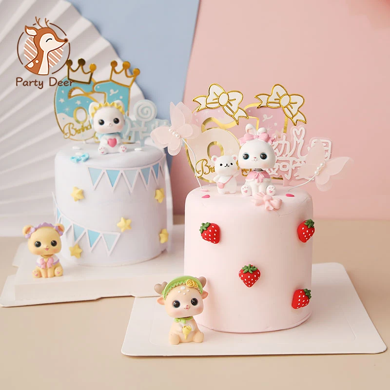 New cartoon animal cake topper shake head cute cat rabbit deer bear dog children birthday cake decoration Love Gifts