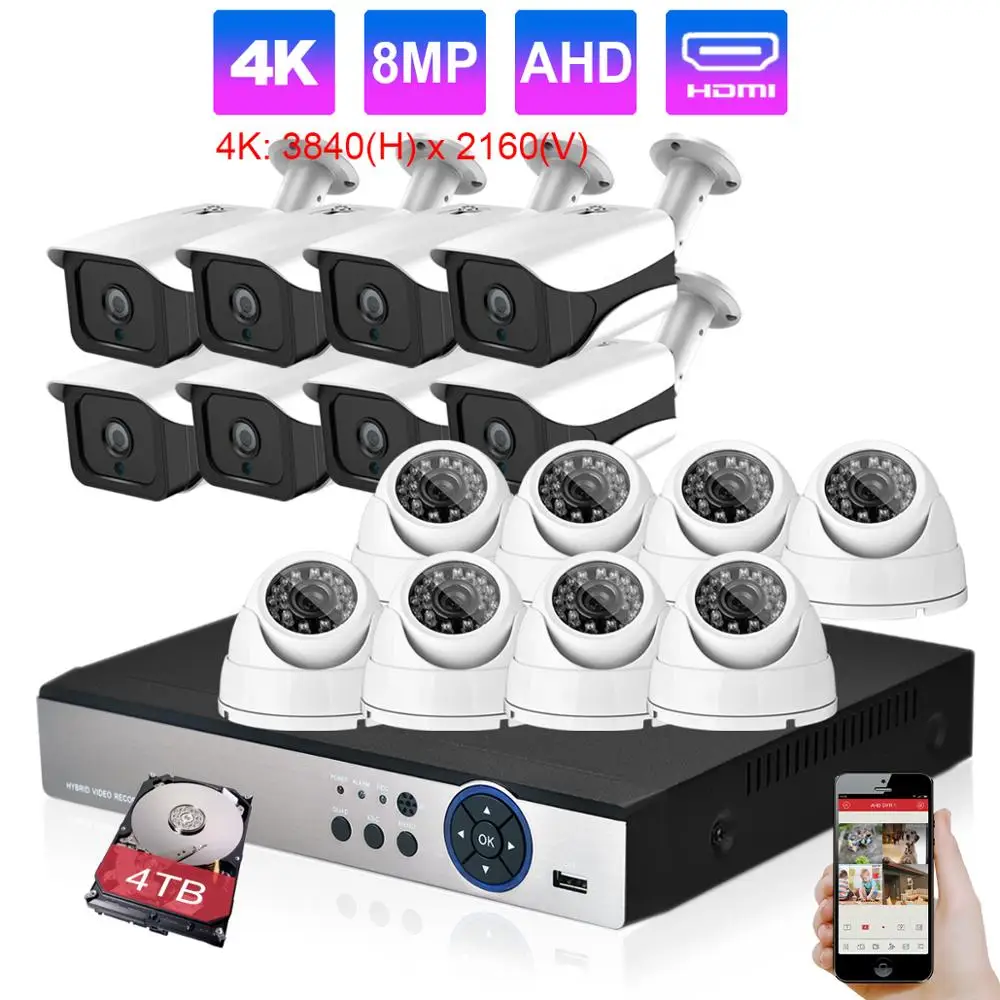 H.265 AHD 4K System Ultra HD 4K 8MP Security Camera System IP66 waterproof Outdoor Camera 16CH Video Surveillance Camera System