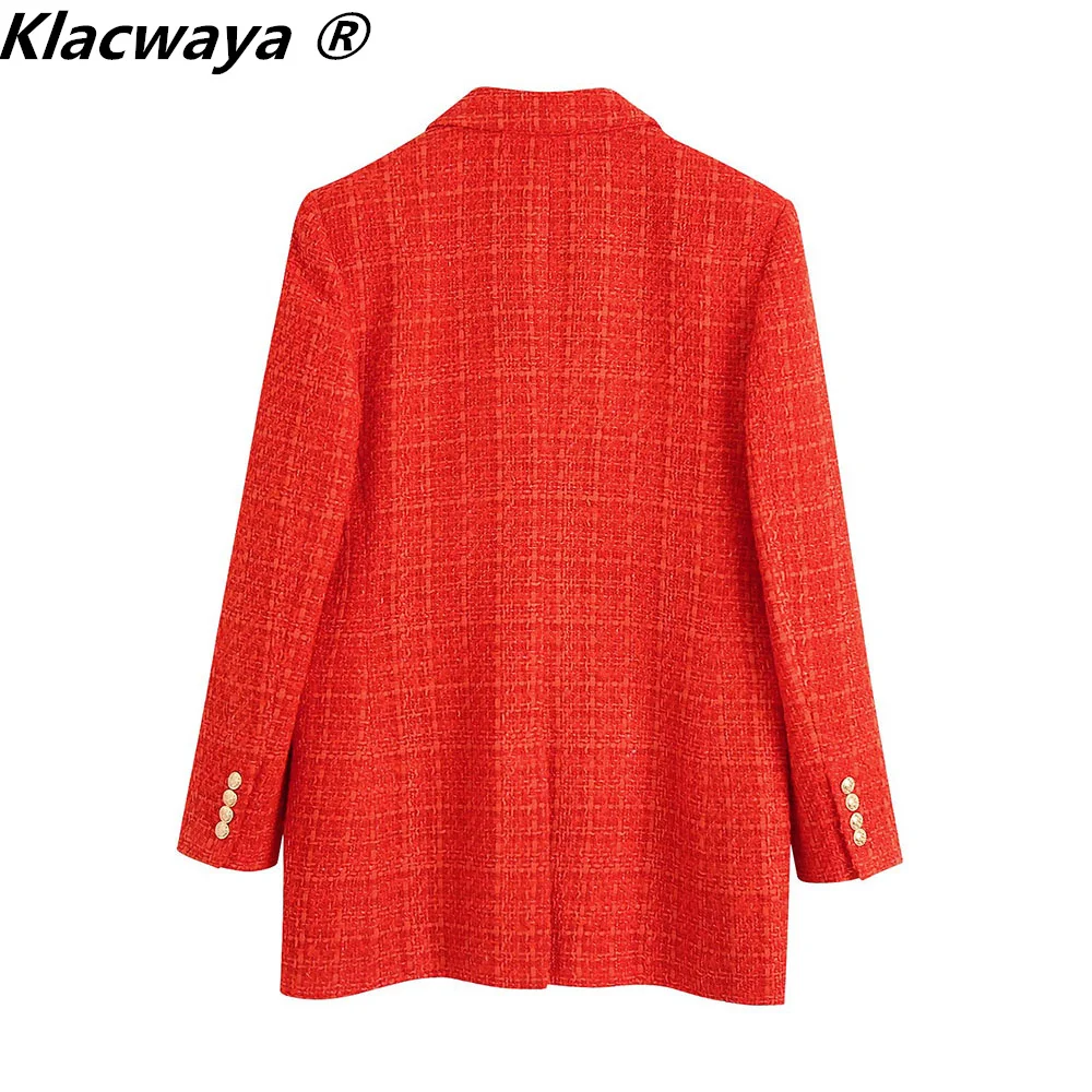 Klacwaya 2021 Women Fashion Two-Piece Set Vintage Print Lining Tweed Blazer Coat Female Front Slit Tweed Mini Skirt Chic Suit