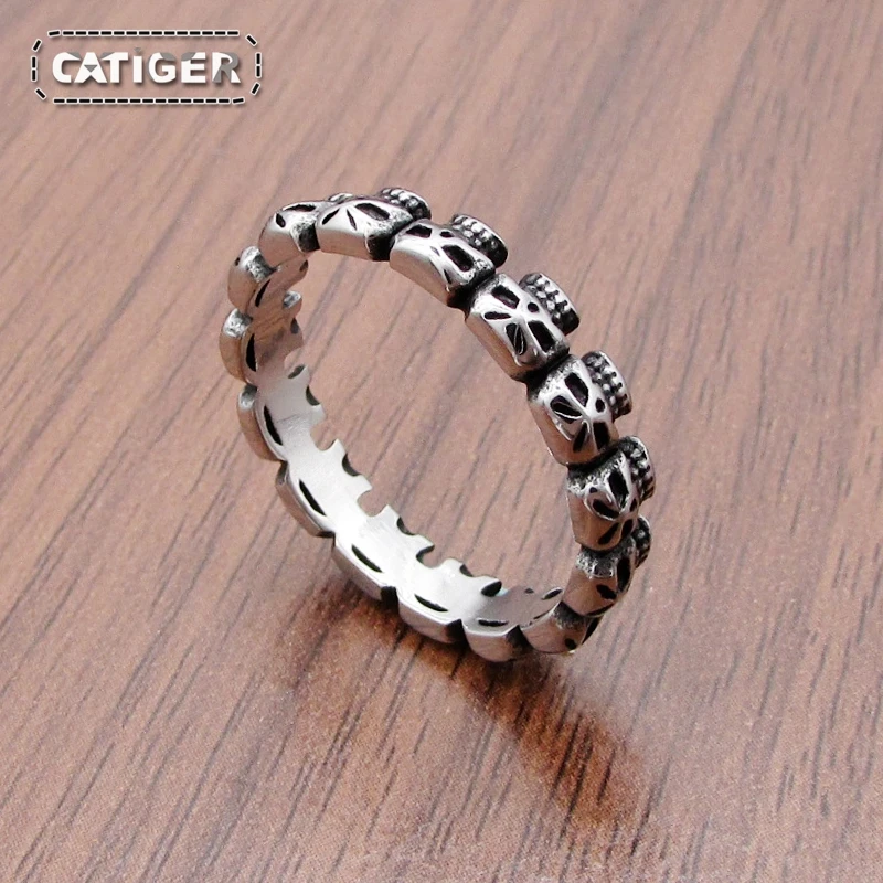 Punk Vintage Solid 316L Stainless Steel Skull Biker Ring Men Pave Skeleton Design Round Bands Simple Rings