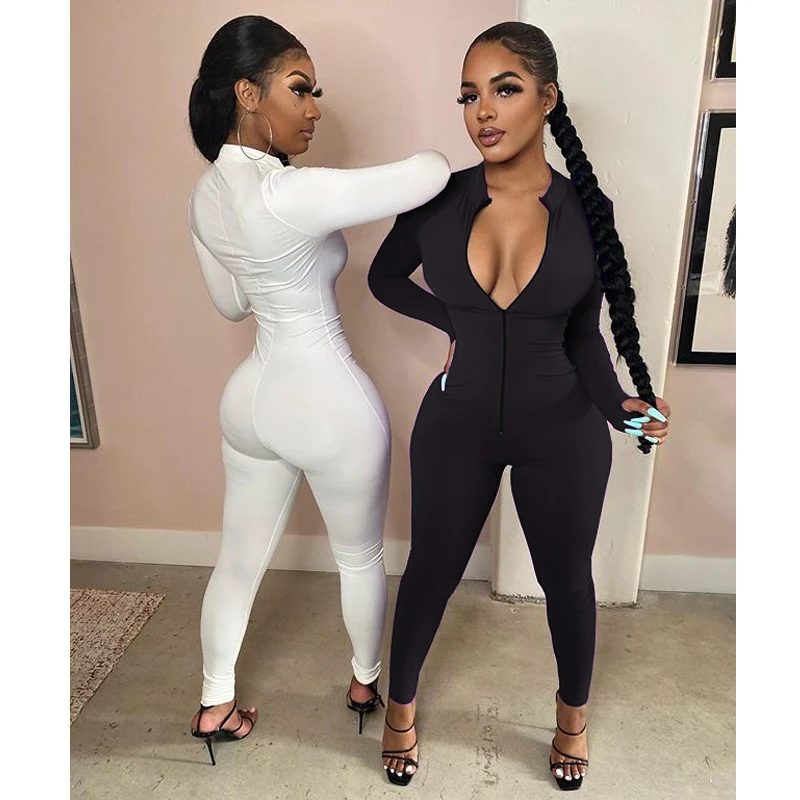 

2020 Autumn Women Skinny Jumpsuit Solid Color One Piece Zipper Front Long Sleeve Fitness Sexy Jumpsuits