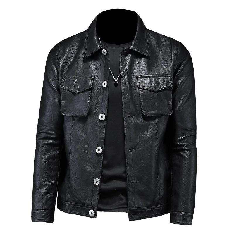 

2022 Men Leather Jacket Coat Brand Clothing Turndown Collar Single-Breasted Slim PU Motorcycle Biker Fashion Black Outwear