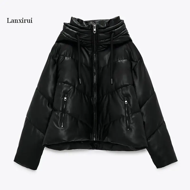 Winter Thick Casual Hooded Parkas Women Fashion PU Leather Coats Women Elegant Zipper A Line Cotton Jackets Female Ladies